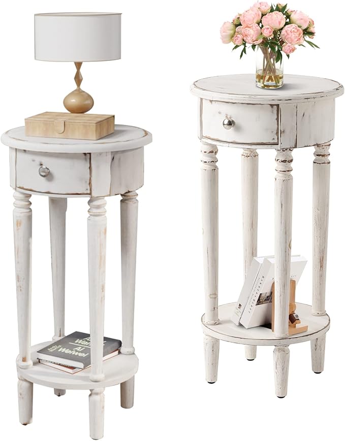 COSIEST Tall End Table with Drawer Sets of 2, Round Nightstand Bedside Table with Storage Shelf, Industrial Telephone End Table for Living Room, Bedroom, Hall Way, Space Saving-Ruum Studio Home