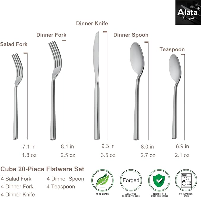 Alata Cube 20-Piece Forged Silverware Set Stainless Steel Flatware Set,Service for 4,Matte Satin Polished Cutlery Set,Dishwasher Safe-Ruum Studio Home
