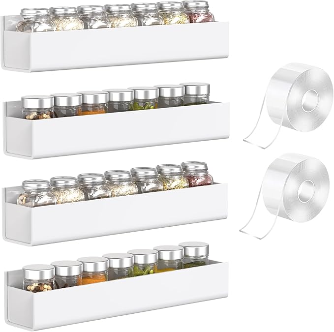 PMMASTO Adhesive Acrylic Spice Rack Organizer for Wall with Nano Double Sided Tape, Spice Shelf Organization for Kitchen Cabinet Door/Pantry Door, Wall Mount Seasoning Rack (White - 4 Pack)-Ruum Studio Home