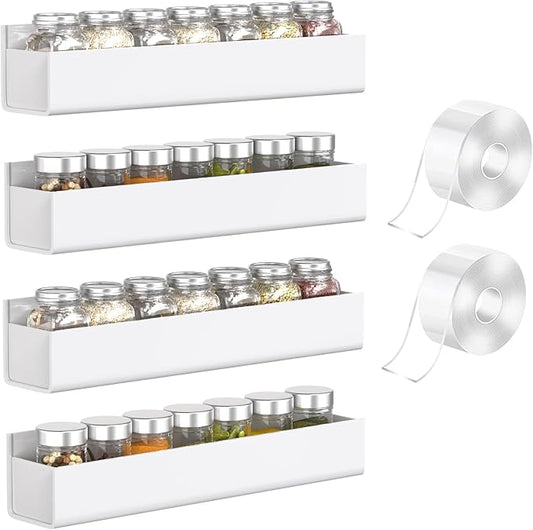 PMMASTO Adhesive Acrylic Spice Rack Organizer for Wall with Nano Double Sided Tape, Spice Shelf Organization for Kitchen Cabinet Door/Pantry Door, Wall Mount Seasoning Rack (White - 4 Pack)-Ruum Studio Home