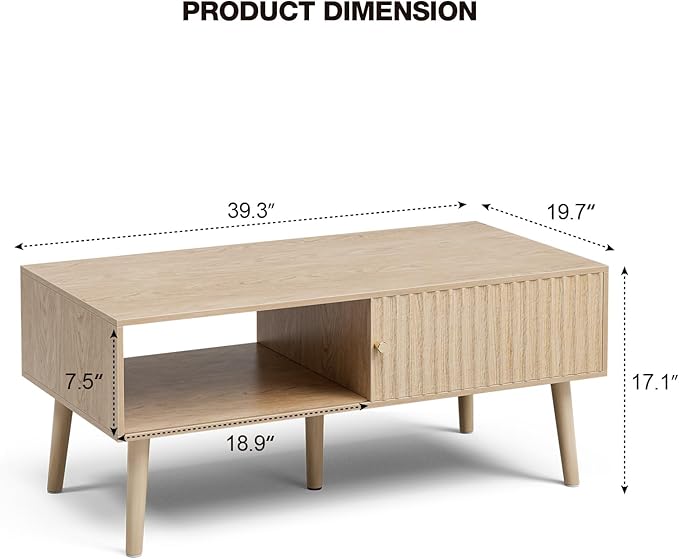 Coffee Table with Storage, Boho Dining Table with Sliding Fluted Door and Solid Wood Legs, Small Coffee Tables for Living Room, Oak-Ruum Studio Home