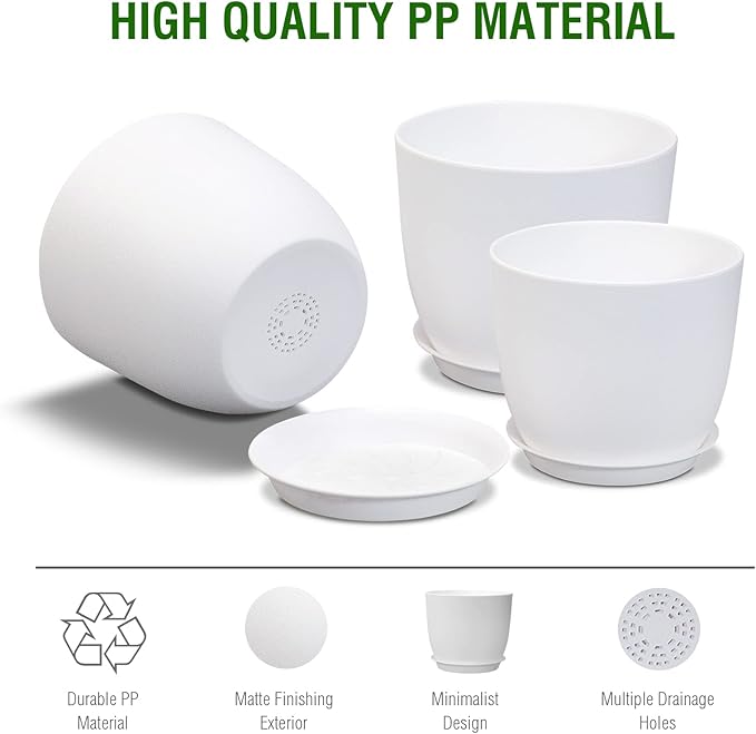 9/8/7.5 inch Flower Pots, Set of 3 Modern Decorative Plastic Planters with Drainage Holes and Saucers, Plant Pots for Indoor Outdoor Plants, White-Ruum Studio Home