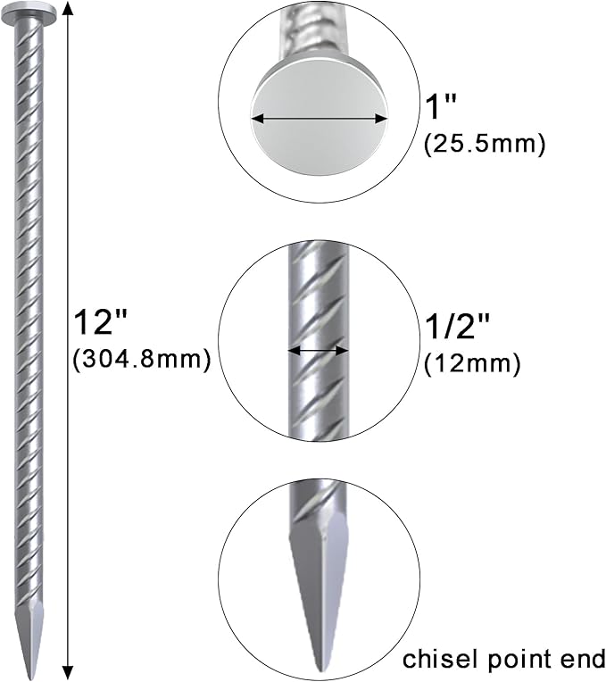 VVOKGO 12 Inch Rebar Stakes Metal Asphalt Anchoring Spikes Ground (16pcs), 1/2 Inch Diameter Galvanized Landscape Anchors Heavy Duty for Speed Bump, Handicap Threshold Ramps, Parking Limits Curb, Tarp-Ruum Studio Home
