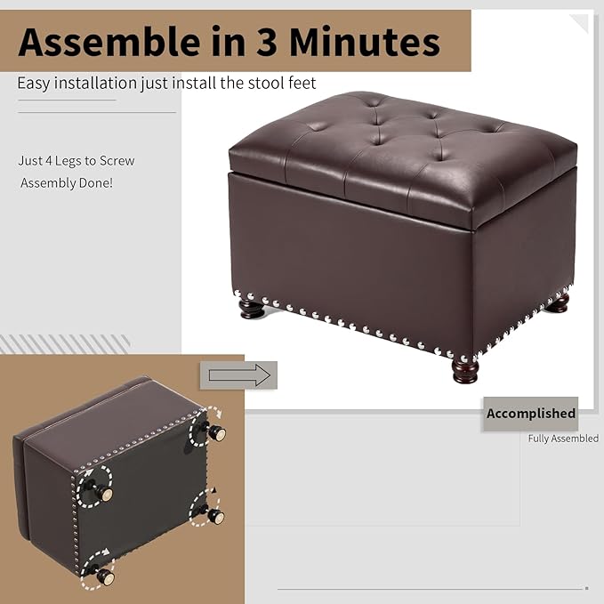 Joveco Leather Storage Ottoman Bench Rectangle 24 Inch Foot Rest Ottomans Stool for Living Room Bedroom(Brown)-Ruum Studio Home