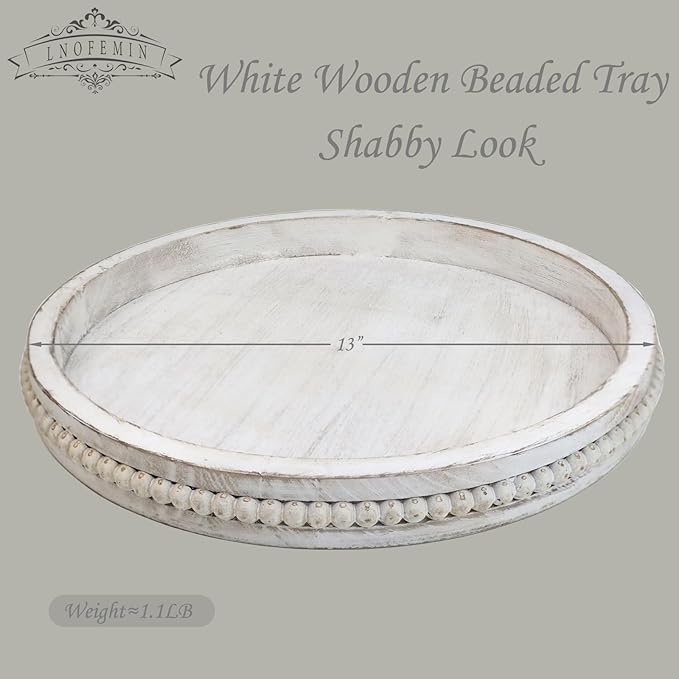 Round Wood Serving Tray with Beads, White Washed Wooden Decorative Tray for Entertaining, Decoration, and Gifting-Ruum Studio Home