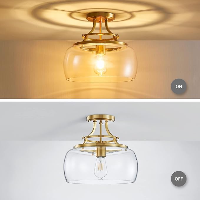 WUZUPS Chandelier Rustic Farmhouse Industrial Round Semi-flushmount Ceiling LED Light Fixture with Clear Glass Shades for Bathroom Kitchen Foyer Entryway, H 11.8" x W 13.4", E26 Base, Brushed Gold-Ruum Studio Home