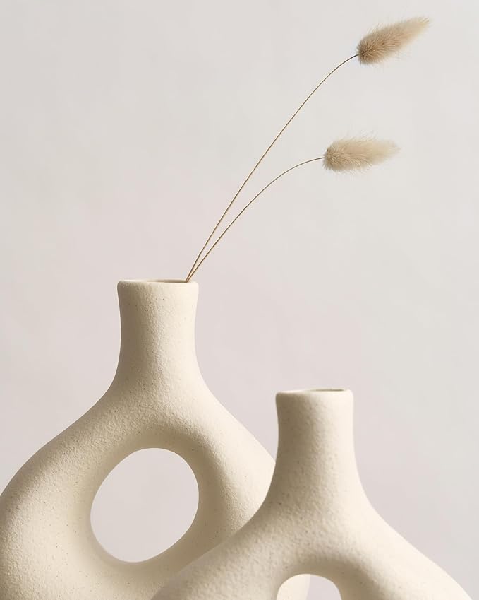 NOBULA White Ceramic Donut Vases – Modern Home Decor for Living Room, Bedroom & Table Centerpiece - Minimalist Nordic – Unique Vases for Olive Plant & Flowers – Decorative Coffee Table Vase Set of 2-Ruum Studio Home