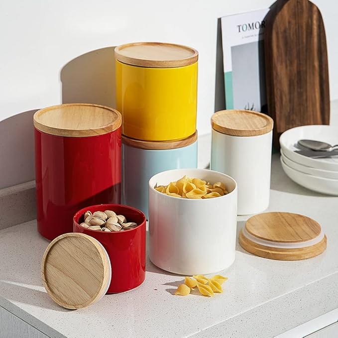 Sweejar Kitchen Canisters Ceramic Food Storage Jar, Stackable Containers with Airtight Seal Wooden Lid for Serving Coffee Bean, Flour, Tea, Spice and More - 39 Fl Oz (Yellow)-Ruum Studio Home