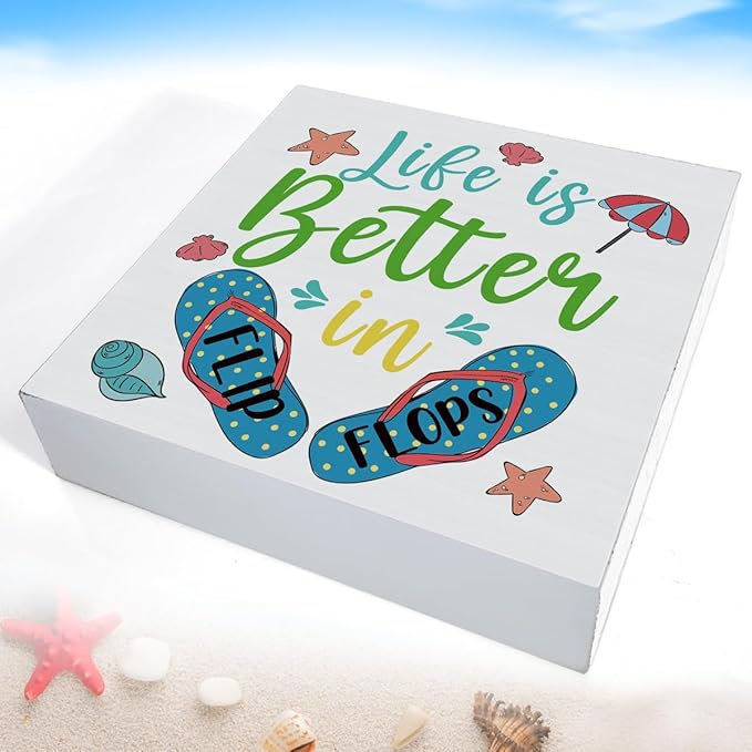 Summer Decor Beach Decorations Flip Flop Wooden Sign Rustic Home Decor 5 x 5 Inches-Ruum Studio Home