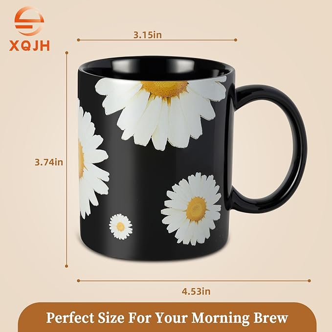 12Oz Daisy floral Black Ceramic Mug, Mug for Daily Coffee and Tea, Lead-free Microwave and Dishwasher Safe Coffee Mug, Perfect gifts for Women and men-Ruum Studio Home
