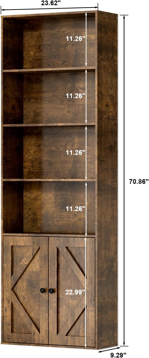 Tall Brown Wooden Bookshelf with Cabinet and Doors – 70.86" Bookcase with Doors, 6 Shelf Freestanding Tall Book Shelf for Living Room Storage, Bedroom, Home Office Organization – Brown Bookcase Wood-Ruum Studio Home