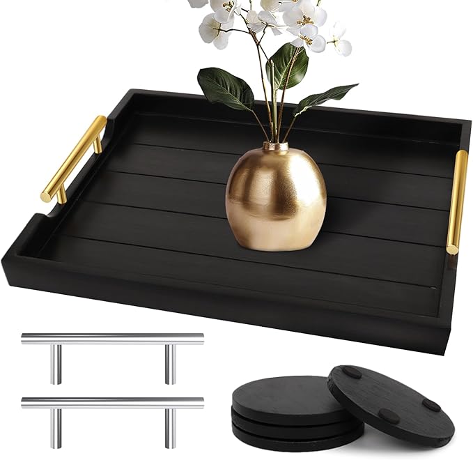 Coffee Table Trays - Large Ottoman Tray for Living Room - Wood Serving Trays with Handles(2 Sets) - Wooden Tray for Coffee Table, 4 Round Coasters Included, Black-Ruum Studio Home
