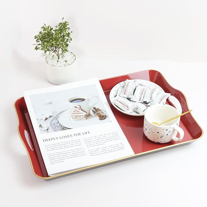 Spsyrine Large Red Decorative Tray, Elegant Plastic Serving Tray with Handles, Coffee Table Tray for Ottoman, Living Room, Home Decor 17.3"*11.8"*2"-Ruum Studio Home