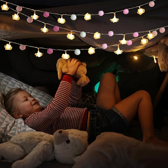 9.85Ft String Lights 20 Cute Pink Pompoms 20 LEDs Rose Fairy Lights Garland Battey Operated with Timer Flower Lights for Bedroom Kids Room Party Birthday Wedding Valentines Decorations-Ruum Studio Home