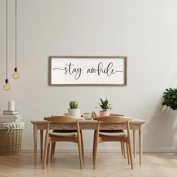 Stay Awhile Sign Wall Decor 40"X15" Large Solid Wood Frame For Hallway Living Room Entryway Farmhouse Wall Art Lets Stay Family Home Rustic Hanging Decoration (Wood)-Ruum Studio Home