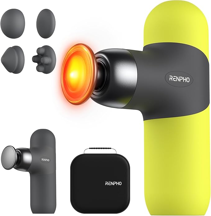 RENPHO Mini Thermal Massage Gun with Heat, Percussion Massager Gun Portable, Color Silicone Sleeves Travel Size with Carry Case, Neon Green-Ruum Studio Home