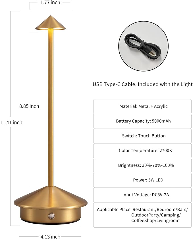 Modern Cordless Table Lamp Set of 2, Portable LED Desk Lamps, 5000mAh Rechargeable Battery Operated Lighting for Bedroom Dining Room Restaurant Coffee Shop Camping Night Light (Gold)-Ruum Studio Home