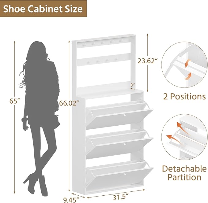 Shoe Cabinet with 3 Flip Drawers, Narrow Shoe Cabinet with 9 Hooks Coat Rack, Freestanding Shoes Storage Cabinets with Adjustable Shelves for Entryway, Hallway, Living Room, White-Ruum Studio Home