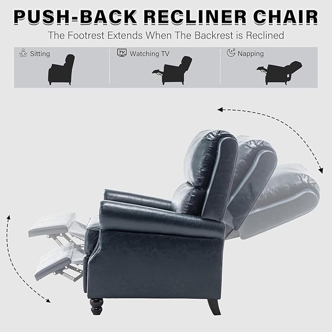 UIXE Pushback Recliner Chair, Faux Leather Armchair Overstuffed Accent Chair for Living Room, Rivet Trim Club Chair Home Theater Single Sofa Bedroom Side Reading Seat - Navy Blue-Ruum Studio Home