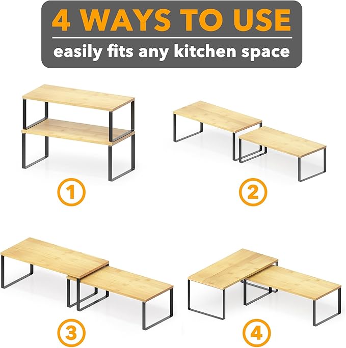 SpaceAid Cabinet Shelf Organizers 2 Pack, Kitchen Counter Rack Shelves Riser, Stackable Expandable Spice Rack, Pantry Cupboard Storage Organization (Black and Natural, Long)-Ruum Studio Home