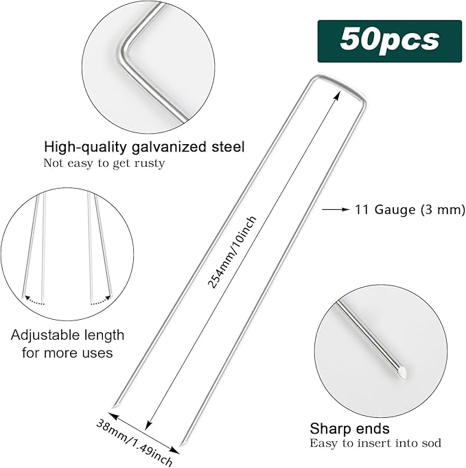 FEED GARDEN 10 Inch 50 Pack Galvanized Landscape Staples 11 Gauge Anti-Rust Garden Stakes Landscaping Fabric SOD Pins Yard Stakes for Weed Barrier Fabric-Ruum Studio Home