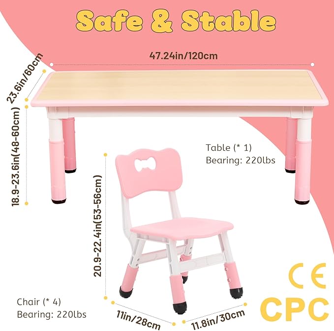FUNLIO Kids Table and 4 Chairs Set for Ages 3-8, Height Adjustable Toddler Table and Chair Set, Easy to Wipe Arts & Crafts Table, for Classrooms/Daycares/Homes, CPC & CE Approved (5 pcs Set) - Pink-Ruum Studio Home