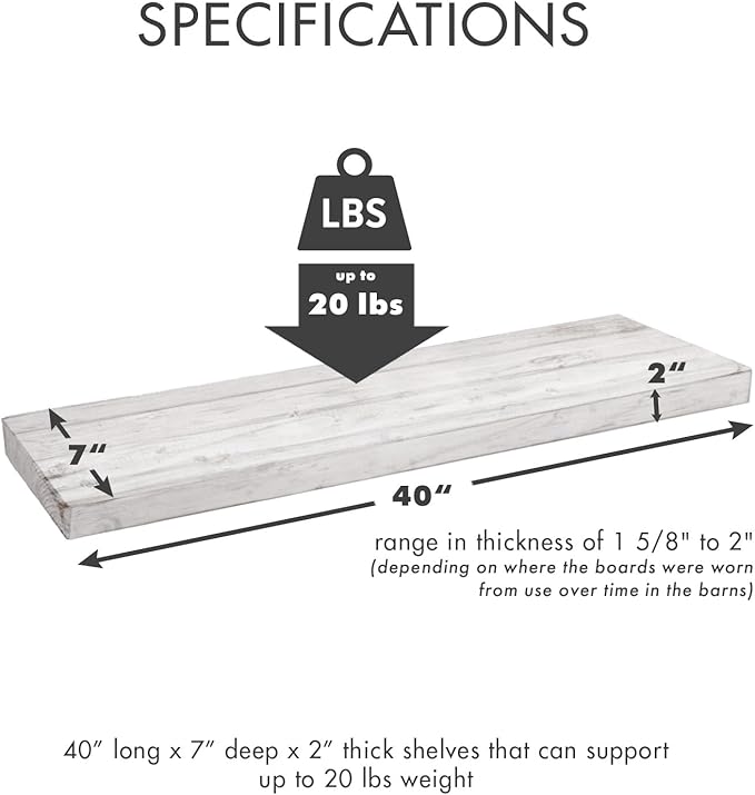 Urban Legacy Reclaimed Barnwood Planks | Floating Shelves for Wall w/Flush Mount Shelf Bracket Set Included | Set of 2 (White Wash, 40"x7"x 2")-Ruum Studio Home