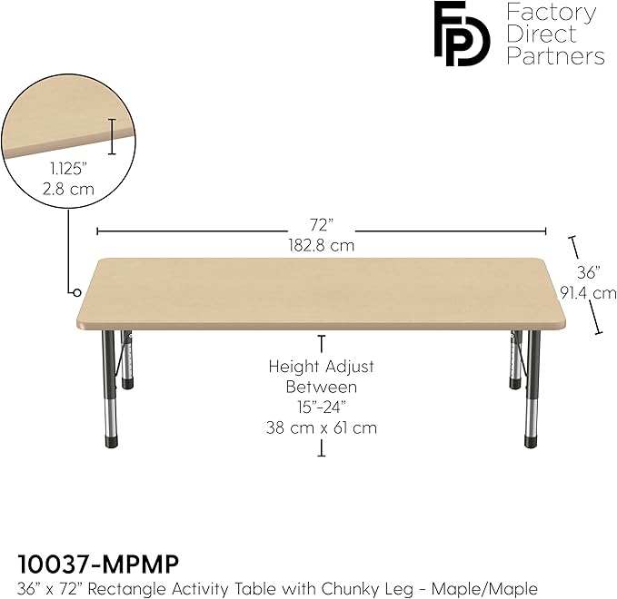 FDP Rectangle Activity School and Classroom Kids Table (36 x 72 inch), Toddler Legs, Adjustable Height 15-24 inches - Maple Top and Maple Edge-Ruum Studio Home