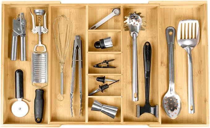 Adjustable Kitchen Drawer Organizer for Utensils and Junk, Food-Safe Contract Grade with 100% Sustainable Wood, Expandable from 16 to 28 Inches Wide - Natural Bamboo-Ruum Studio Home