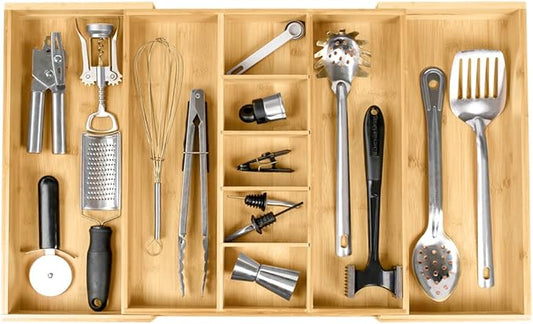 Adjustable Kitchen Drawer Organizer for Utensils and Junk, Food-Safe Contract Grade with 100% Sustainable Wood, Expandable from 16 to 28 Inches Wide - Natural Bamboo-Ruum Studio Home