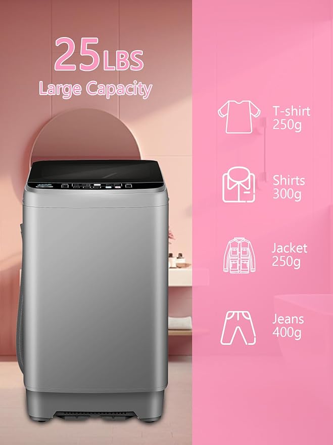Full Automatic Washing Machine with LED Display, 25 lbs Portable Washer Drain Pump, 10 Programs & 8 Water Levels Selections, Ideal for RV, Camping, Apartment, Dorm, Dark Grey-Ruum Studio Home
