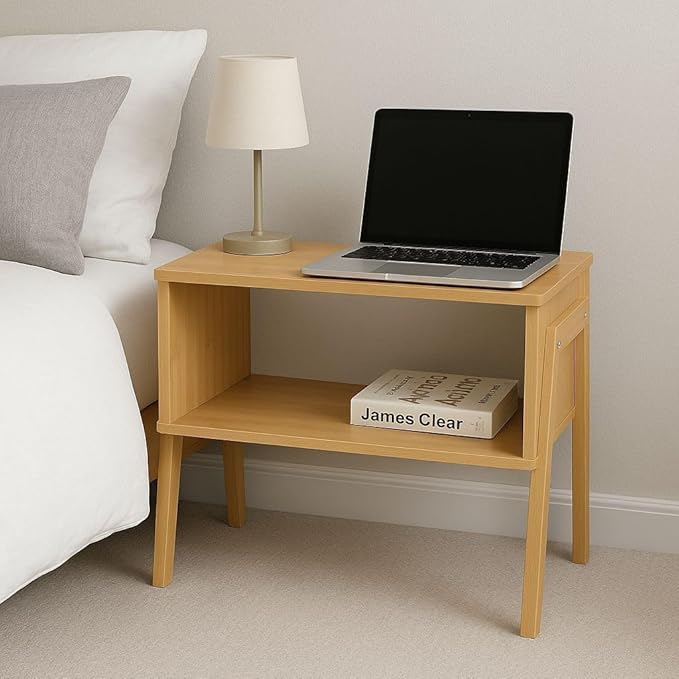 Bamboo End Table for Living Room – Low Side Table with Storage Shelf, Minimalist Accent Table with Natural Wood Finish, Small Modern Nightstand for Sofa or Couch Side-Ruum Studio Home