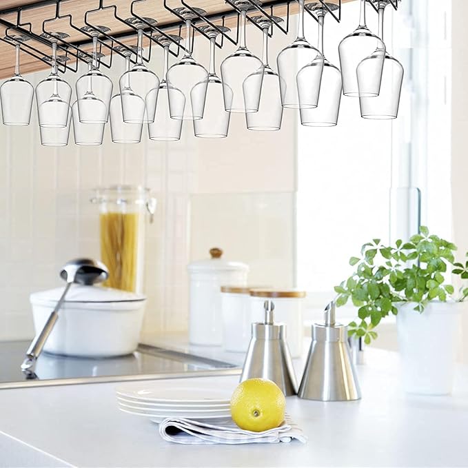 Xverycan Wine Glass Rack Under Cabinet, 8 Row Extreme Large Stemware Hanger, Metal Wine Goblet Holder, DIY Bar Glass Storage Rack for Bar Counter, Kitchen, Screws Included (Black)-Ruum Studio Home