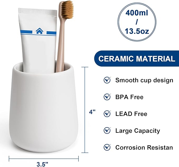 Bathroom Tumbler Cup Ceramic 13.5oz Reusable Toothbrush Cup 400ml, Toothbrush Holder Adequate for Your Bathroom (White)-Ruum Studio Home
