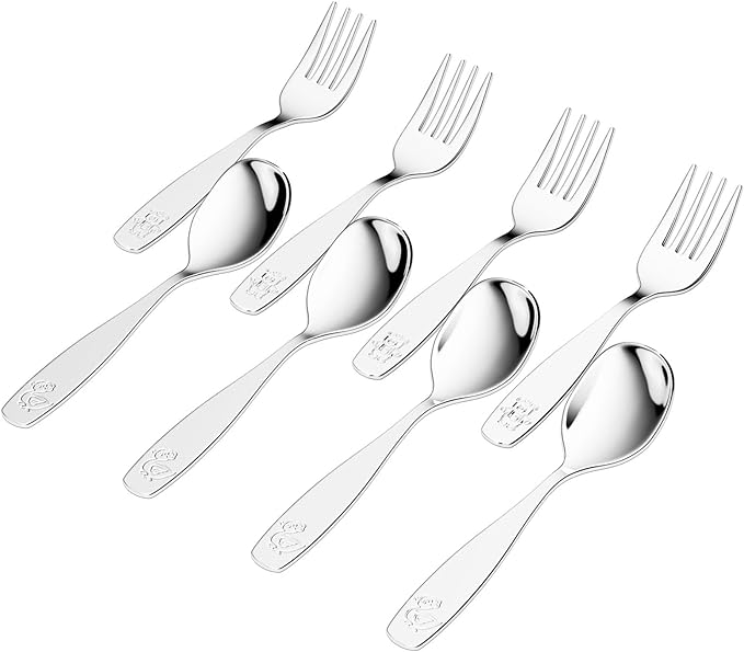 8 Pieces Toddler Utensils, Kids Stainless Steel Silverware Set - 4pcs Forks and 4pcs Spoon, Cute Children Flatware Sets with Mirror Polished, Self Feeding Safe, Dishwasher Safe-Ruum Studio Home