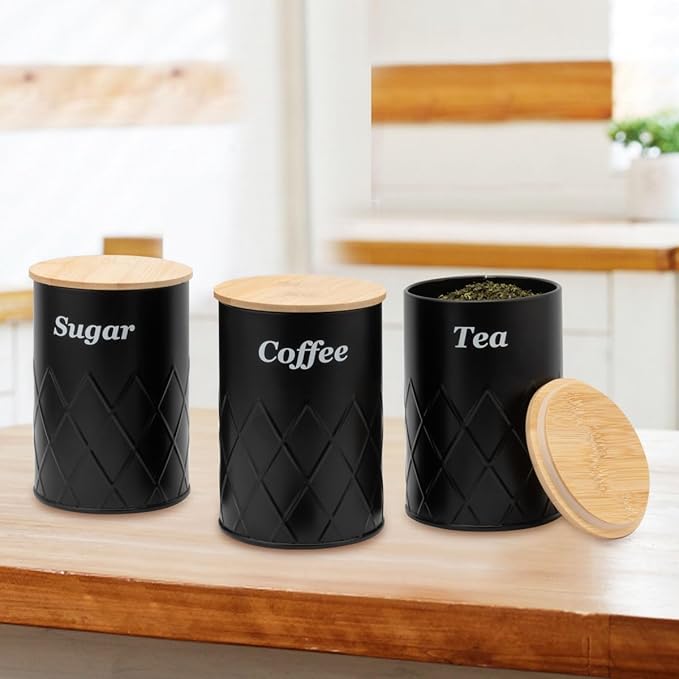 Black Canister Sets for Kitchen Counter,Tea coffee canisters,sugar container,3 Canisters,900ML/30.43OZ-Ruum Studio Home