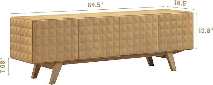 NTC Sapa Mid-Century Modern Solid Wood TV Stand 4-Door Media Console with Carved Geometric Fronts for TVs up to 75", Effortless Assembly, Sand-Ruum Studio Home