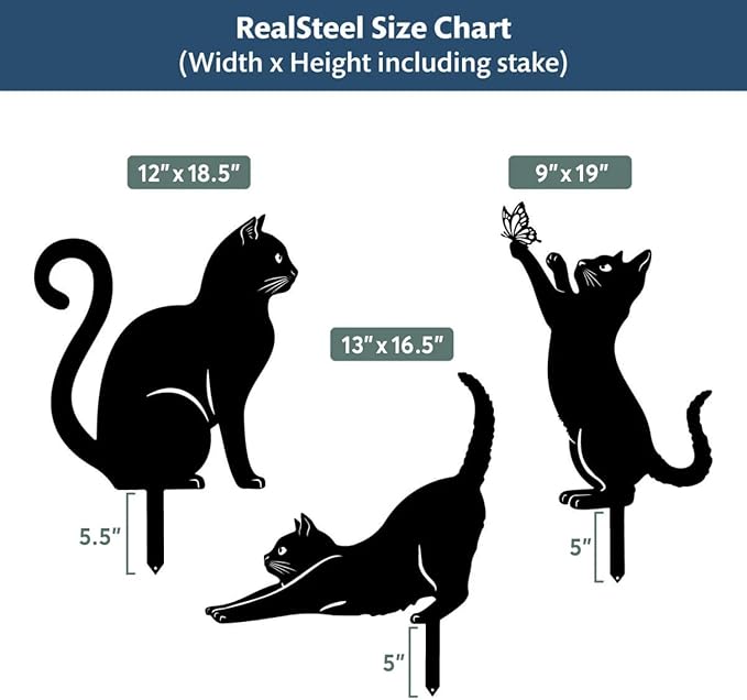 RealSteel I 3 Pack Steel Cat Garden Decor I Outdoor Yard Decorations I Gift for Cat Lovers I Lawn Ornaments and Statues I Garden Signs Decorative Outdoor - Textured Silver-Ruum Studio Home