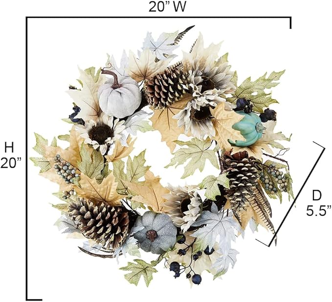 Admired By Nature 24 Inch Artificial Pumpkin Sunflower Fall Wreath Wall Door Farmhouse Decor For Home Office Thanksgiving Harvest Wreaths For Front Door Cemetery Wreaths Indoor Outdoor, Rustic White-Ruum Studio Home