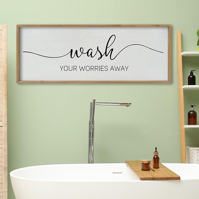 SRSZHIYUE Wash Your Worries Away Bathroom Sign Wall Art 40"x15" Funny Restroom Toilet Large Wood Framed Hanging Decor (Wood)-Ruum Studio Home