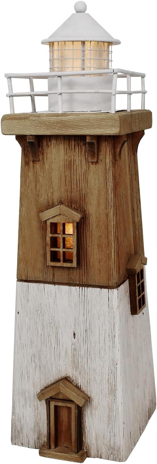 Linfevisi Wood Lighthouse Decor Rustic LED Light House Decor Wooden Decorative Nautical Lighthouse Statue Coastal Beach Themed Lighthouse Handcrafted Tabletop Decoration Home Bathroom (13.78")-Ruum Studio Home