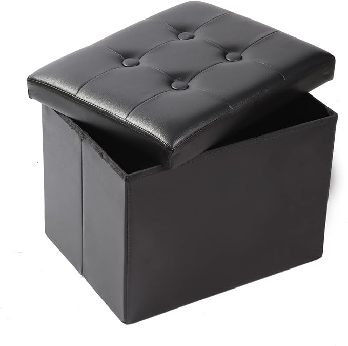 ALASDO Storage Ottoman Footrest Stool Small Ottoman with Storage Foldable Ottoman Leather Foot Rest Footstool Bench for Living Room 17x13x13inches Black-Ruum Studio Home