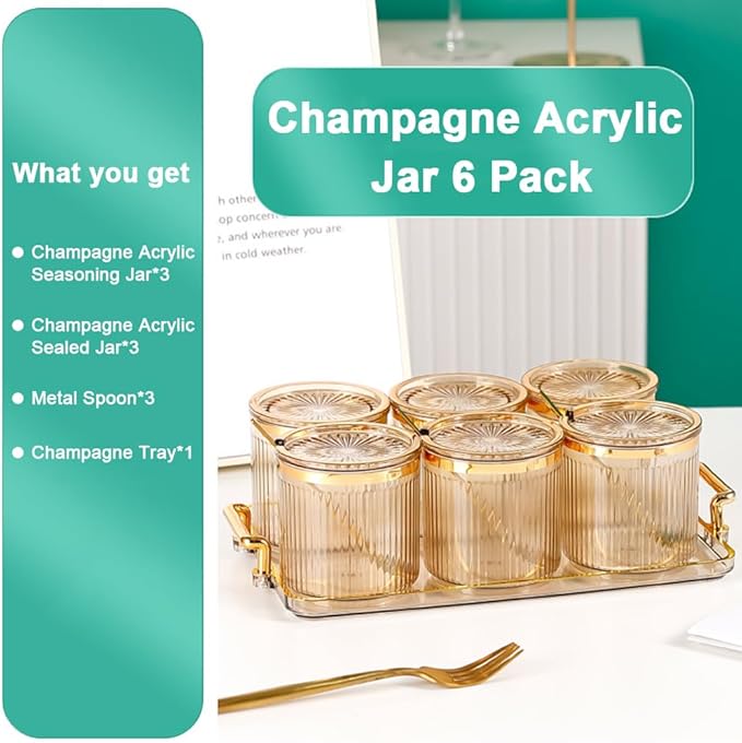 Acrylic Condiment Spice Jars,Condiment Spice Box With Lids and Spoons and Tray,Clear Plastic Condiment Canisters,Seasoning Box 6 Pack,Seasoning Box Set for Kitchen to Storage Salt,Paprika,Sugar-Ruum Studio Home