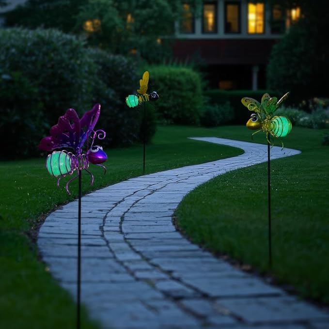 Garden Decor for Outside,3 Pcs Luminous Insect Garden Decorative Stakes,Glow in The Dark Bee Lights Metal Yard Art,Waterproof Outdoor Spring Lawn Patio Pathway Decoration for Mom,Women,Grandma-Ruum Studio Home