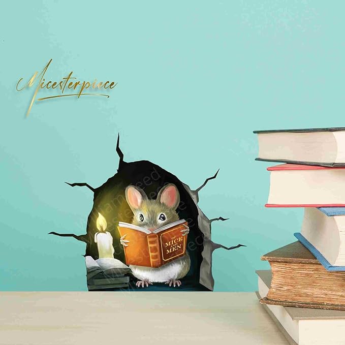 3D Mouse Reading Book in Mouse Hole, Decal Sticker, Removable Wall Decor, Book Lover Gift Idea, Baseboard, Wall Sticker Decal, Kids Room, Classroom, Library-Ruum Studio Home