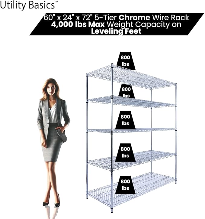 60"x24"x72" Chrome 5-Tier PREMIUM Wire Shelving NSF 4000 LBS MAX CAPACITY Heavy Duty Steel Storage Rack for Warehouses, Garages, Hospitals, Commercial Spaces, & Schools w/PREMIUM WHEELS-Ruum Studio Home