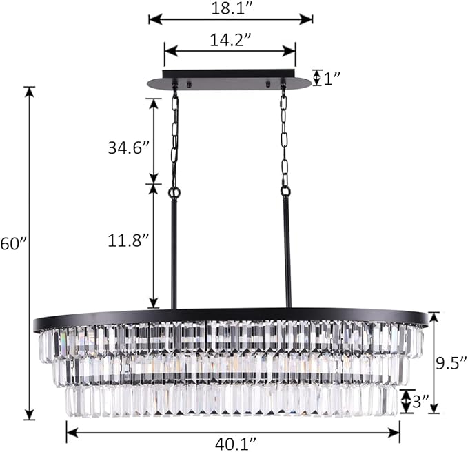 TOCHIC Chandelier 40 inch, Farmhouse Black Crystal Chandelier, Kitchen Island Lighting, Dining Room Light Fixture for High Ceiling, Modern Linear Oval Chandeliers for Living Room, Office Area, Bar-Ruum Studio Home