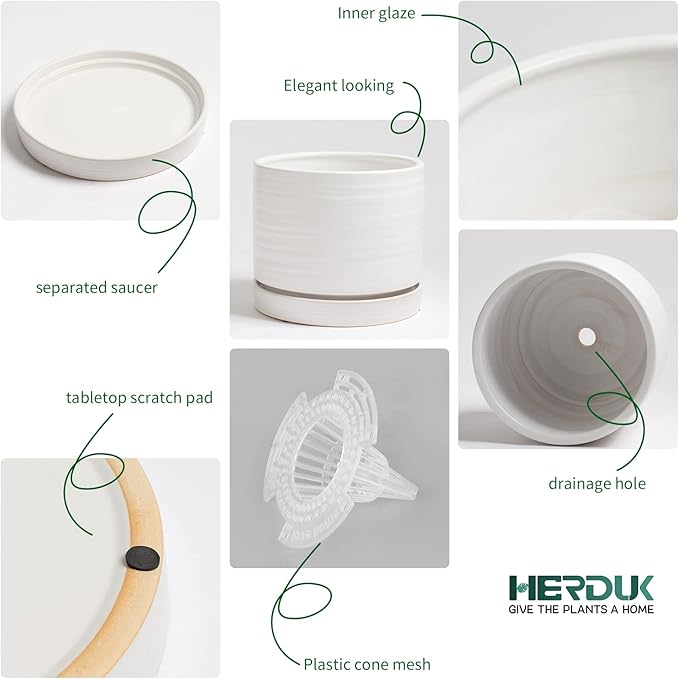 6 + 8 Inch Plant Pots, Ceramic Planter Pot with Drainage Hole & Saucer, Indoor/Outdoor Cylinder Round Planter Pot, Matte White-Ruum Studio Home