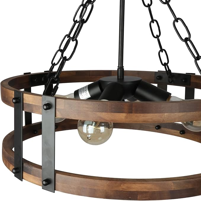 Farmhouse Rustic Wood Chandelier, 4-Light Industrial Drum Chandelier for Dining Room Vintage Pendant Hanging Light Fixture with Black Metal Accent for Kitchen Living Room Dining Area-Ruum Studio Home