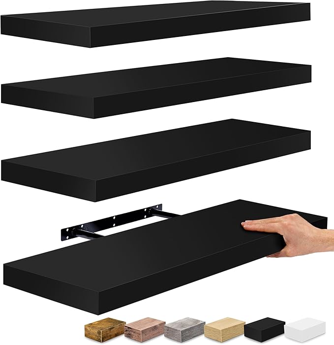 Sorbus Floating Shelves for Wall - 24" Bathroom Shelves, Wall Decor for Bedroom, Kitchen, Living Room, Home Decor & Book Storage - Mounted Floating Shelf with Invisible Brackets (Black, 4 Pack)-Ruum Studio Home